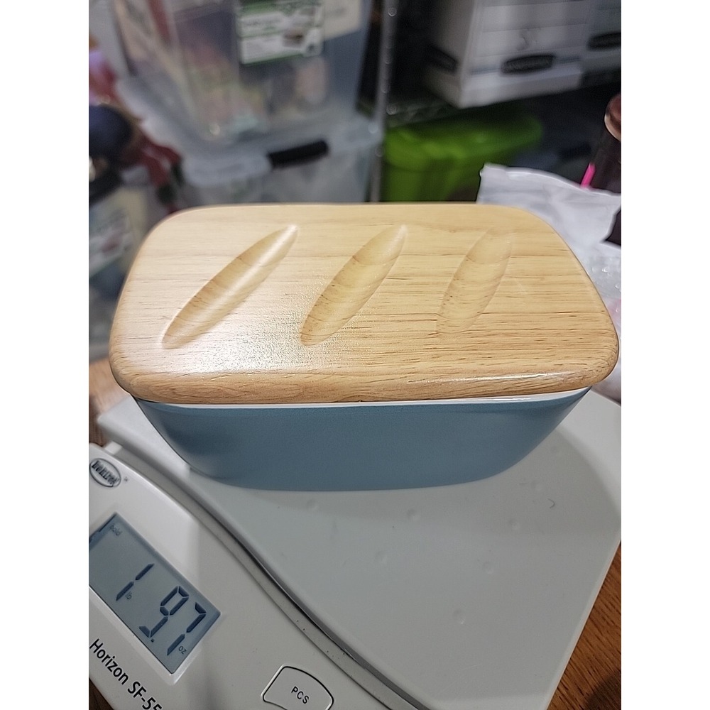 DOWAN Porcelain Butter Keeper Deep Dish Wooden Lid Storage Container Steel Blue